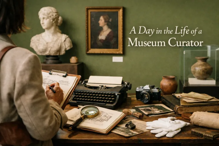 Museum curator examining historic artifact in exhibition gallery