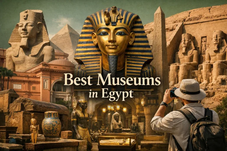Gallery of ancient Egyptian artifacts in museum interior
