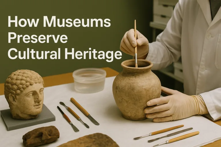 Museum conservator restoring ancient textile to preserve cultural heritage