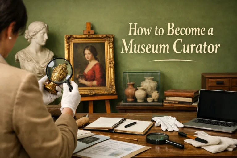 Aspiring museum curator studying artifacts in gallery setting