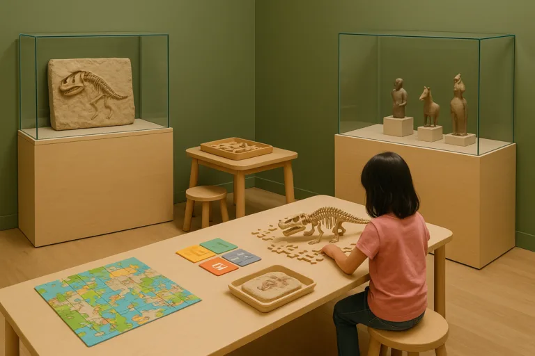 Children participating in guided museum activity with interactive exhibits
