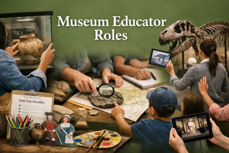 Museum educator leading interactive gallery tour with visitors