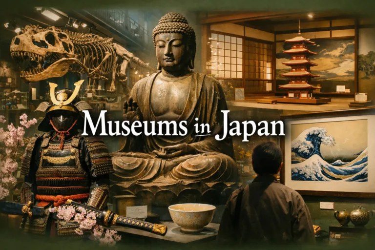 Japanese museum gallery showcasing traditional and contemporary artifacts
