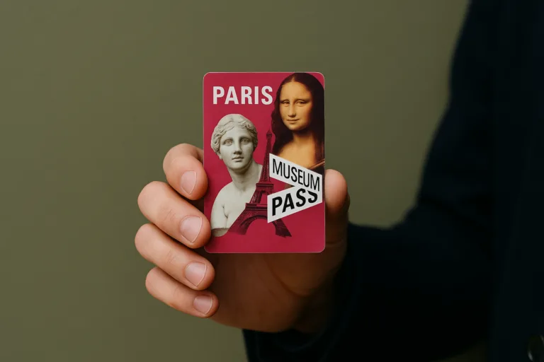 Paris Museum Pass card displayed near Louvre entrance