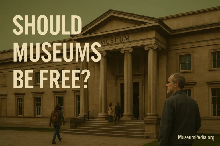 Museum visitors discussing free admission policy at entrance
