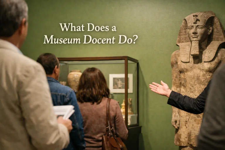 Museum docent guiding visitors through gallery exhibits