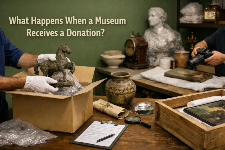 Museum registrar inspecting donated artifact for accession and conservation