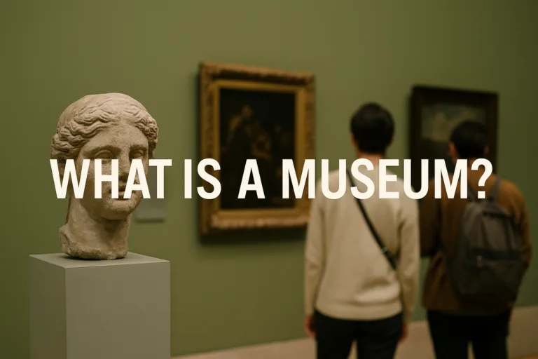 Museum entrance with classical columns and visitors