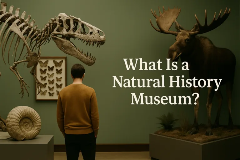 Natural history museum exhibit with dinosaur skeleton and fossil displays